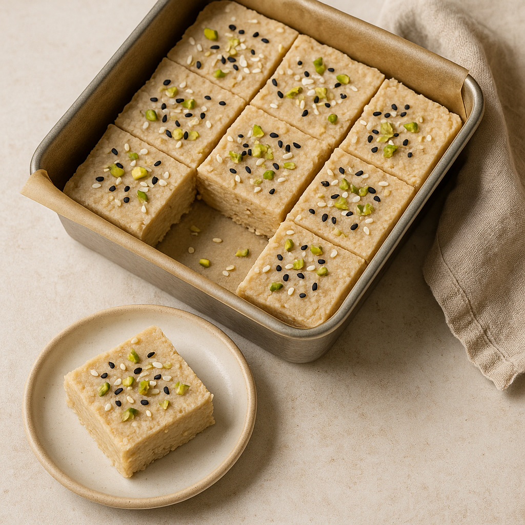 Protein-rich halva squares with nuts and seeds served in a tray — Botenz dessert recipe
