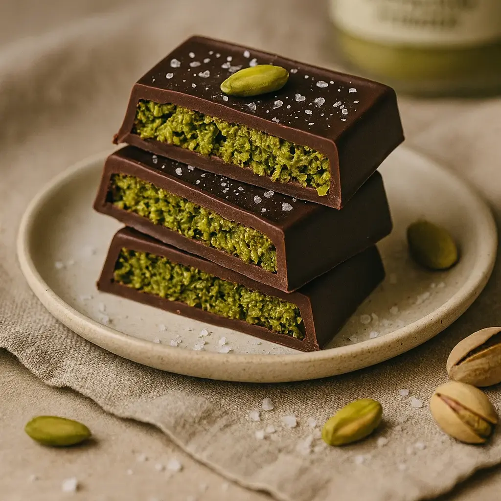Healthy chocolate bars filled with crunchy pistachio layer using Botenz pistachio butter powder