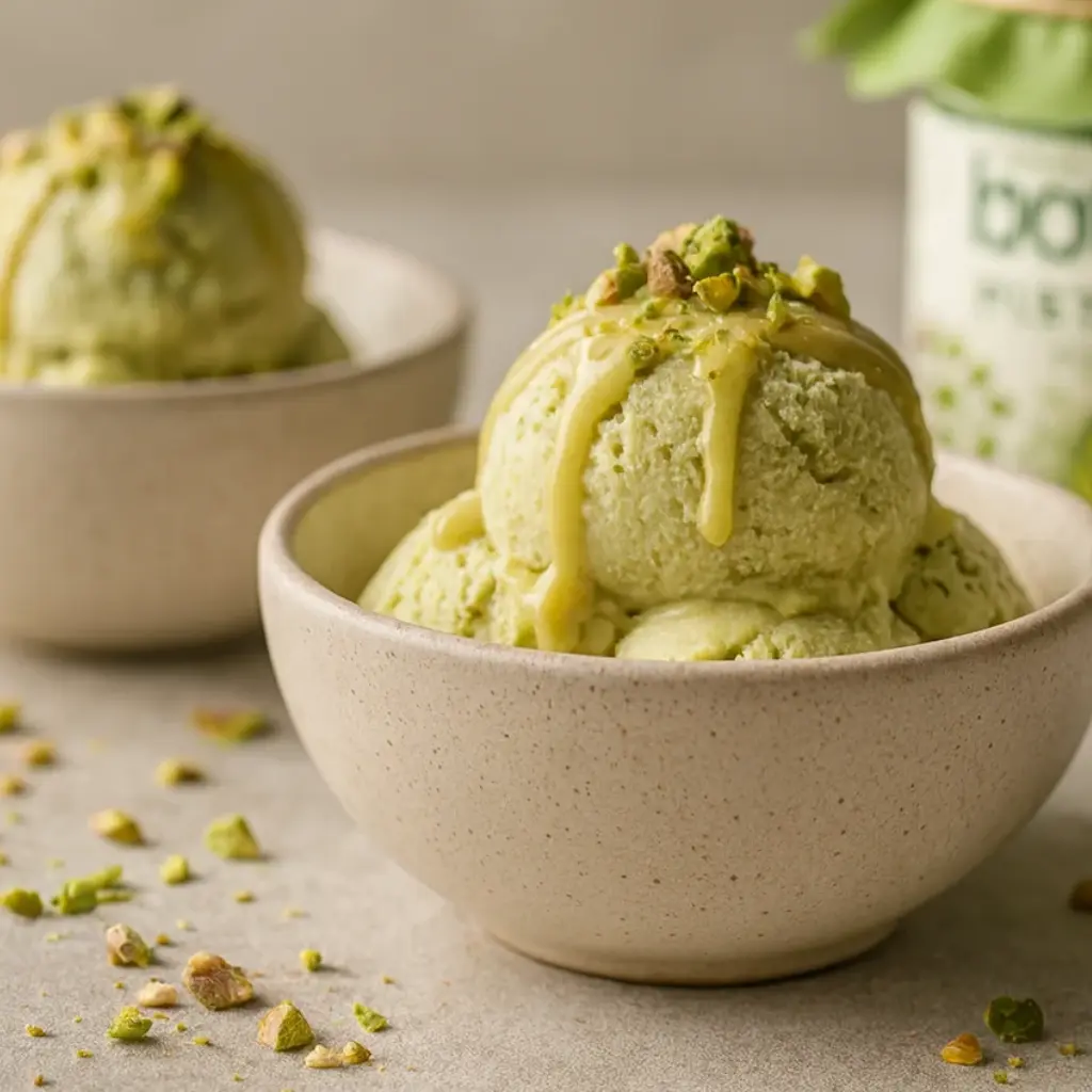 Creamy pistachio sorbet scoops topped with nuts made with Botenz pistachio butter powder