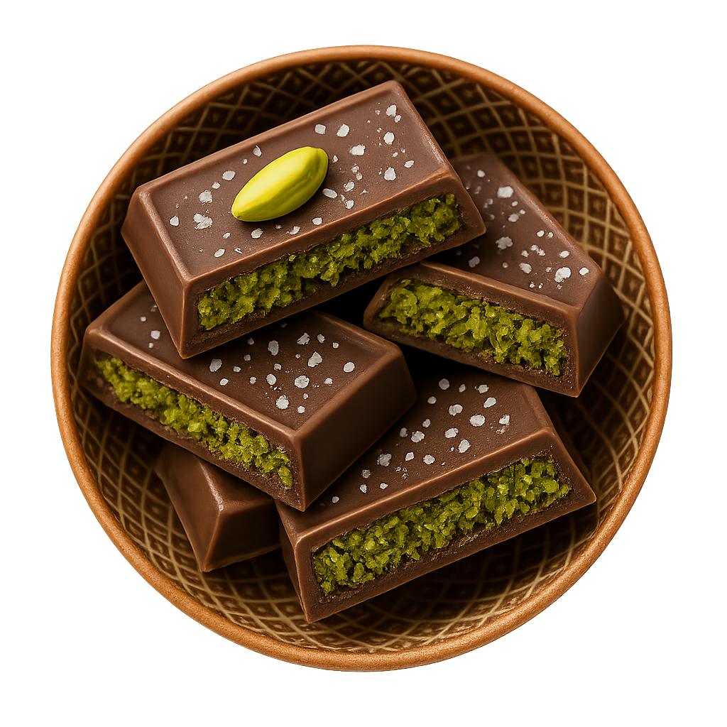 Dark chocolate bars filled with pistachio cream and topped with sea salt — Botenz healthy Dubai chocolate recipe