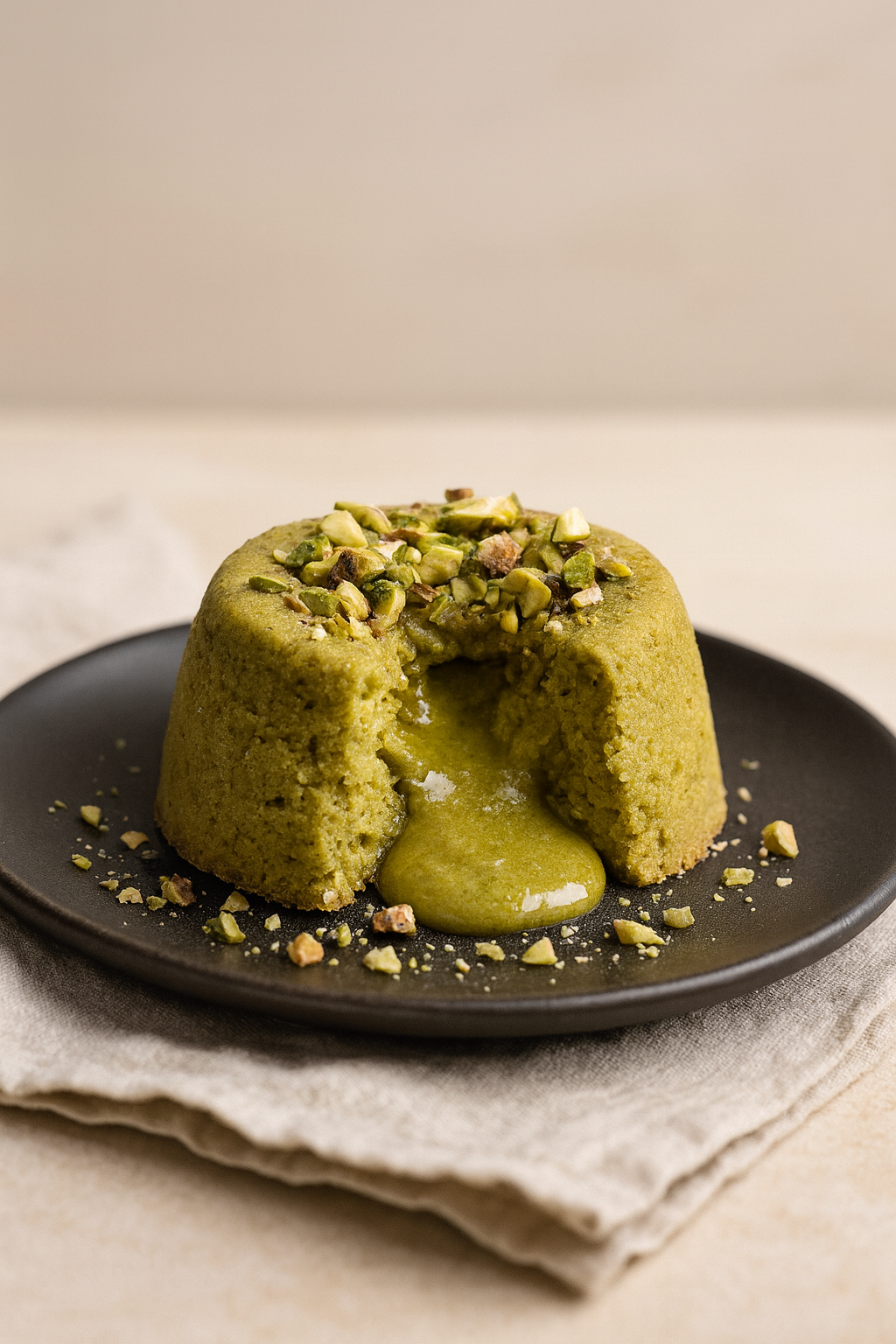 Molten pistachio lava cake on a black plate topped with crushed pistachios — Botenz dessert recipe