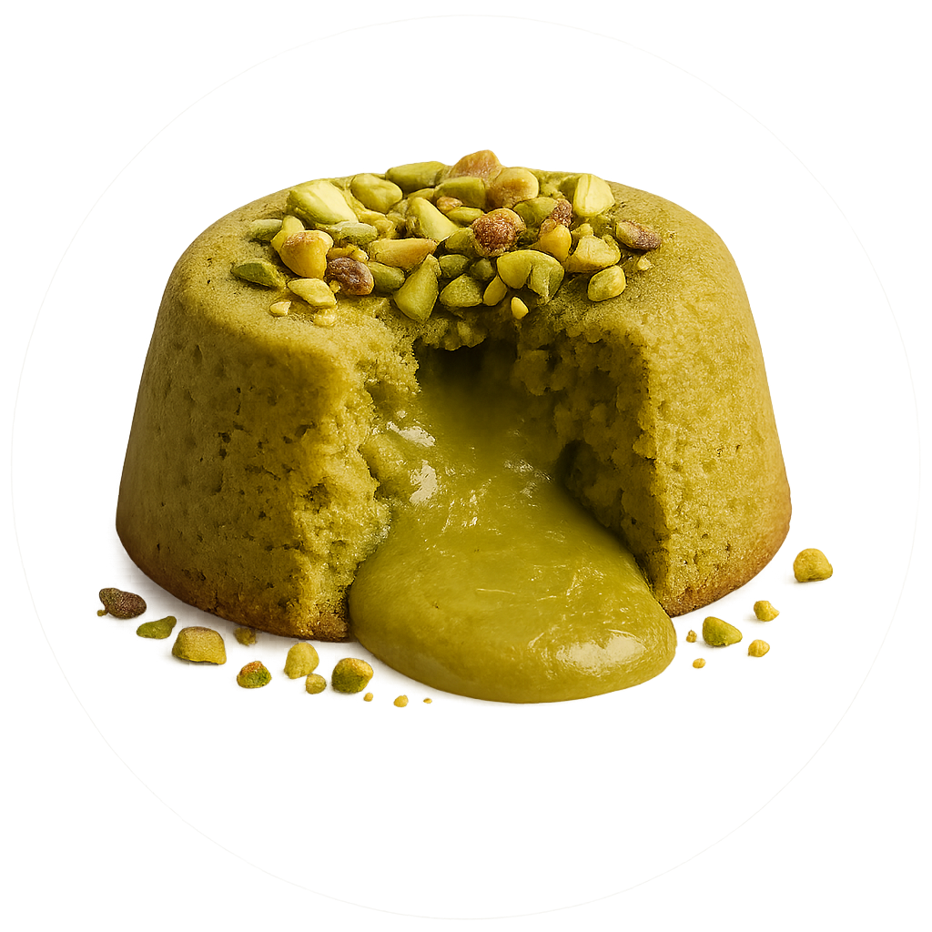 Pistachio lava cake with molten green pistachio filling — Botenz healthy high-protein dessert