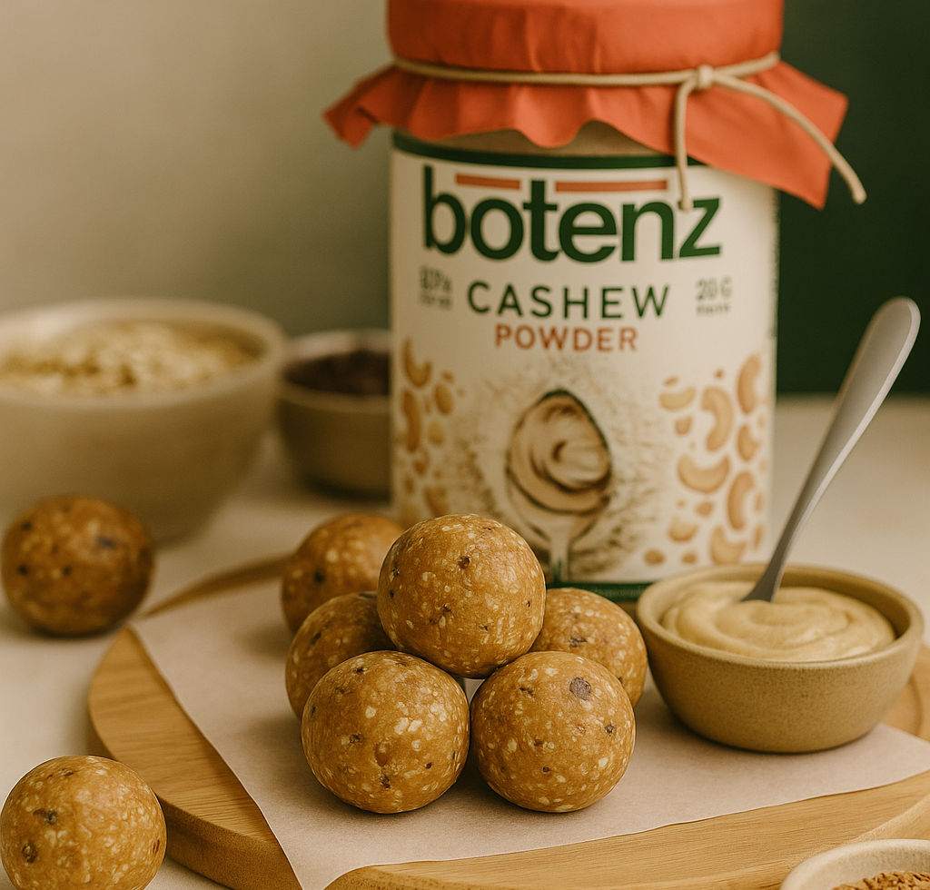Cashew energy balls made with Botenz cashew powder, healthy high-protein snack balls on table