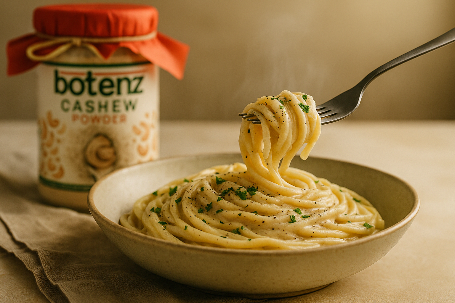 Bowl of creamy vegan pasta made with Botenz cashew powder and herbs — dairy-free recipe