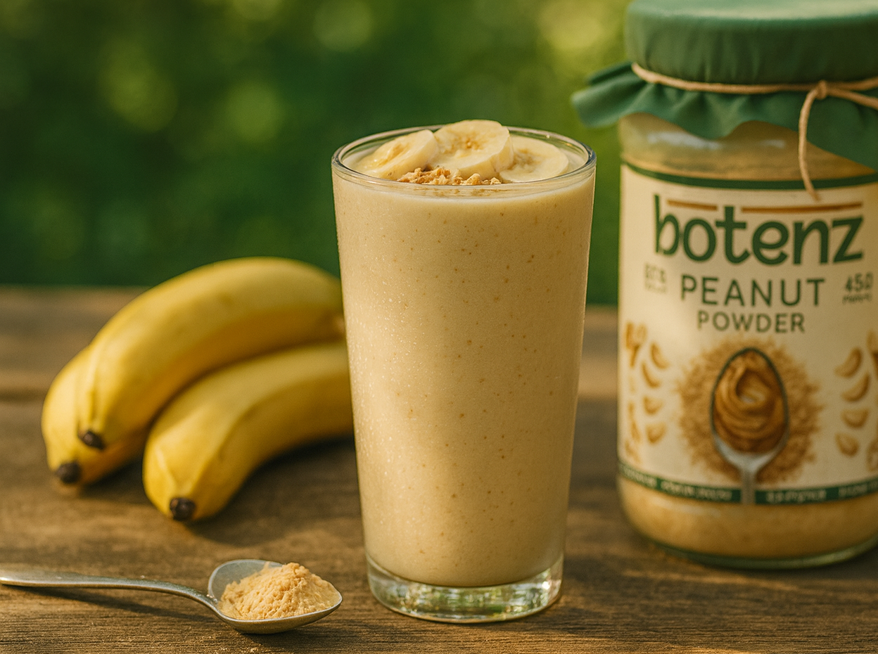 Peanut butter banana smoothie in a glass beside fresh bananas and Botenz peanut powder jar
