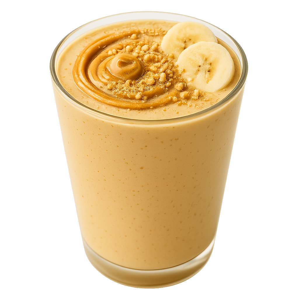Glass of banana peanut butter smoothie topped with banana slices and peanut drizzle — Botenz recipe