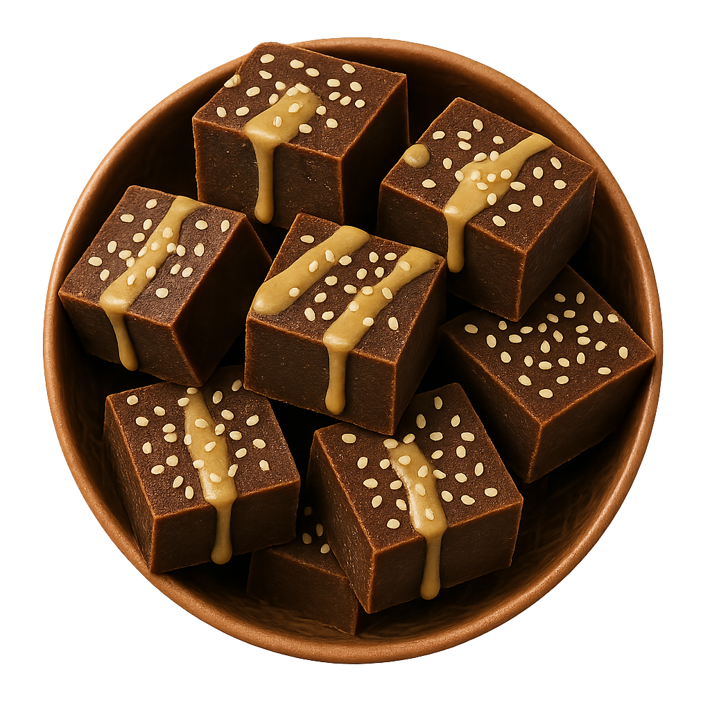 Chocolate sesame fudge squares topped with sesame seeds and caramel drizzle — Botenz healthy dessert recipe