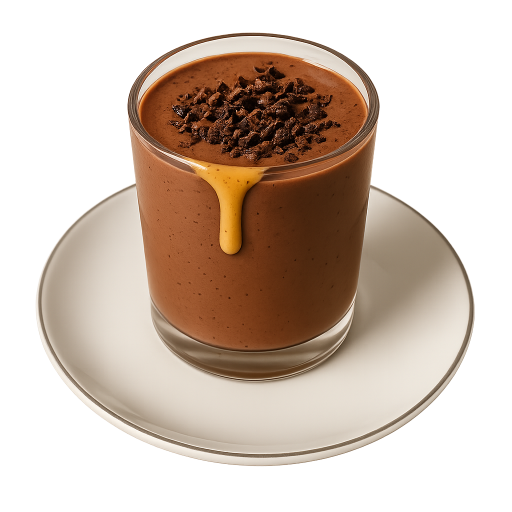 Glass of chocolate banana smoothie topped with cocoa powder and peanut drizzle — Botenz healthy drink recipe