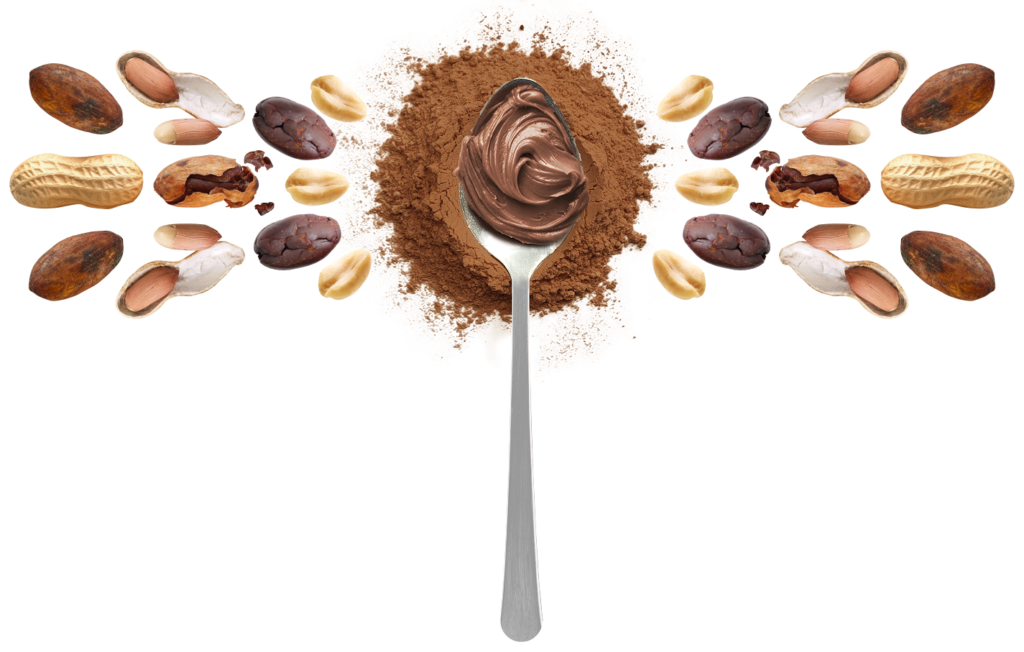 Spoonful of creamy peanut butter on a ring of peanut chocolate powder after mix — Botenz peanut butter powder