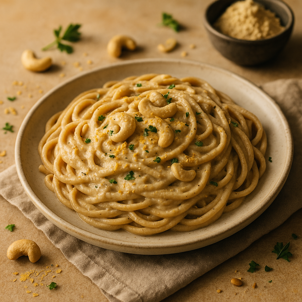 cashew alfredo pasta recipe — cashew dish plated and ready to serve