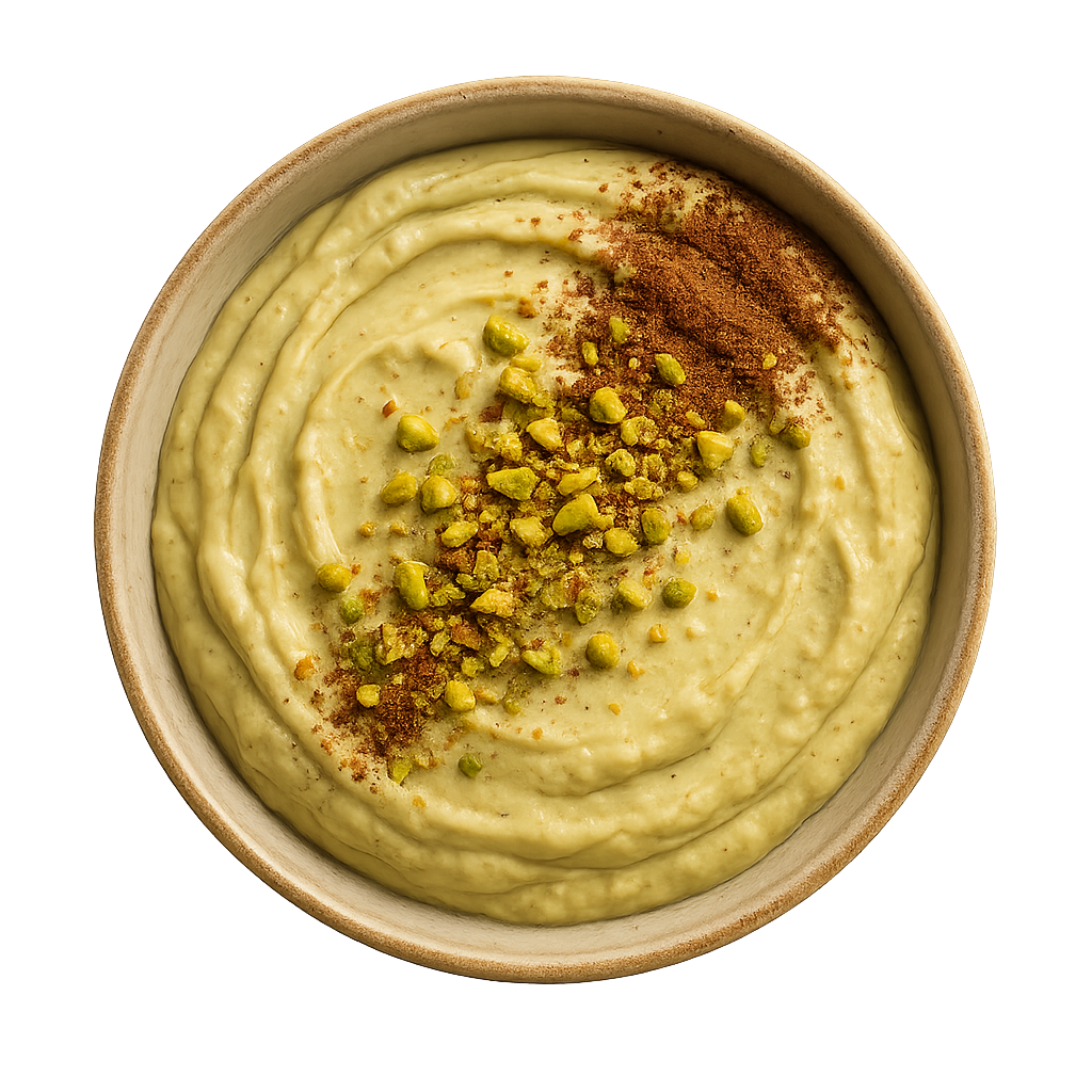 pistachio protein tiramisu balls — top-down view of pistachio dish in a bowl