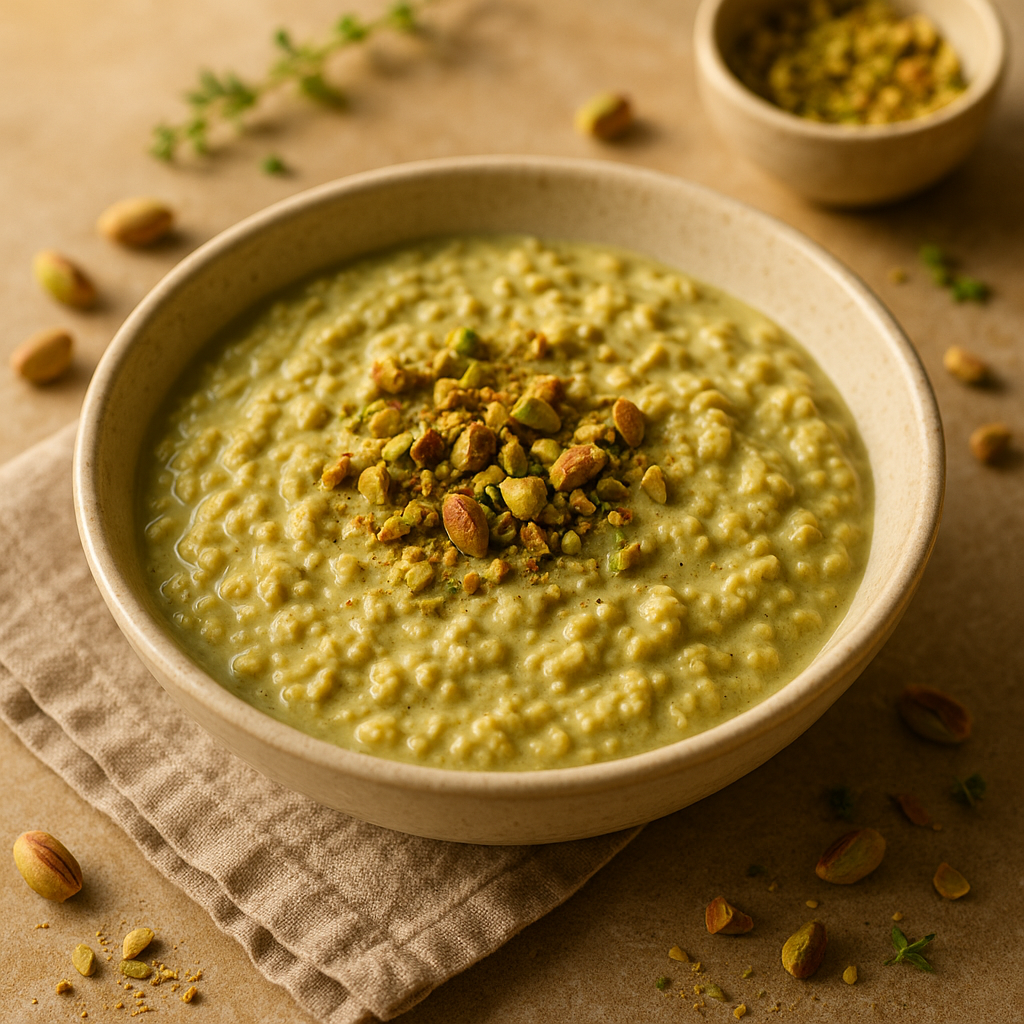 vegan pistachio overnight oats — pistachio dish plated and ready to serve